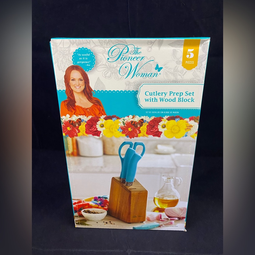 The Pioneer Woman Turquoise 5 Piece Cutlery Prep Set with Wood Block NIB